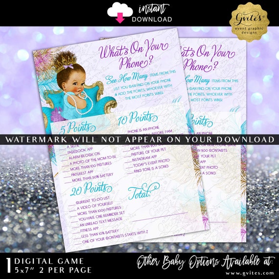 What's On Your Phone Baby Game Purple Gold Turquoise | INSTANT DOWNLOAD Med/Bun Curly | 7x5" 2 Per Sheet