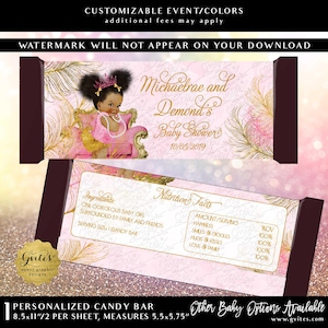Afro Puffs Candy Bar Wrapper Pink Gold Baby Shower Favors | Tiaras Tutus Diamonds and Lace Princess Theme | Digital Download