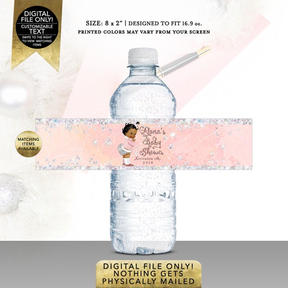 Water Bottle Labels Winter Wonderland Shower/ Blush Pink Silver Afro Puffs Snow Flakes Glitter/ Party Favors Personalized 8x2" 5 Per/ Sheet