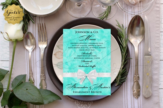 Menu Cards Engagement Brunch | Turquoise Blue/ Aqua/ Blush Pink/ Robin Egg Blue | Customizable Any Event | DIY JPG + PDF | 4x6" 5x7 "or 4x9"