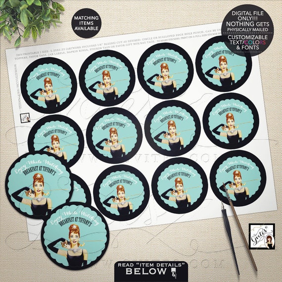 Popcorn Labels Audrey Hepburn Party Breakfast at decor stickers cupcake toppers, PRINTABLE 2.25x2.25" 12/Per Sheet