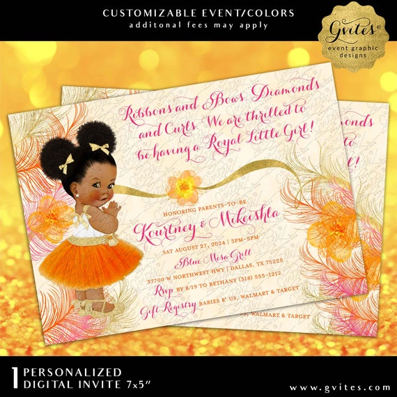 Bright Orange Gold & Pink Ballerina Baby Shower Printable Invitation | Digital File JPG + PDF 7x5"