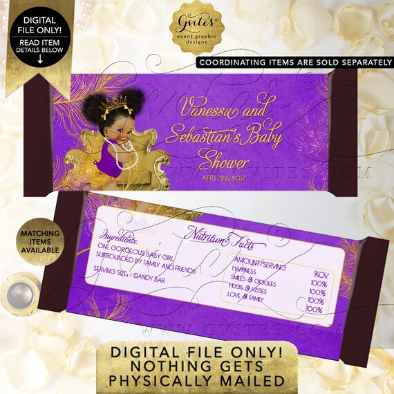 Purple & Gold Candy Bar Baby Shower Wrapper Princess African American Afro Puffs Tiara | Digital JPG + PDF