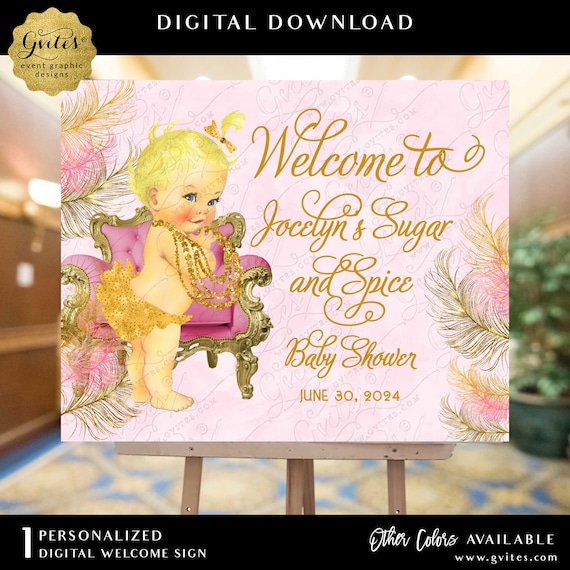 Sugar and Spice Welcome Baby Shower Poster Sign | Pink and Gold Glittery Feathers