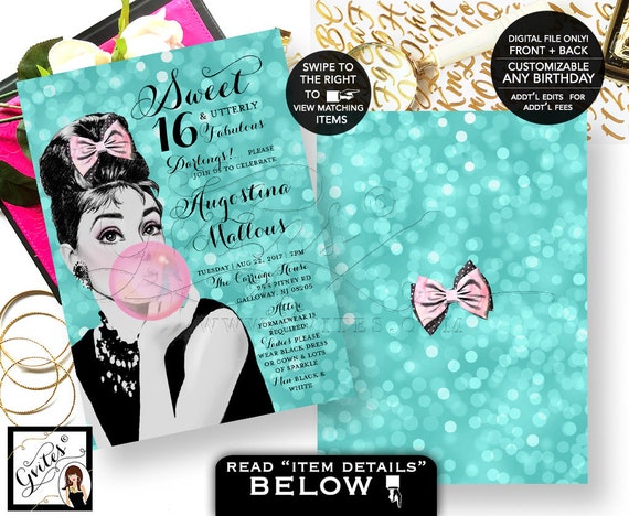 Breakfast at Tiffany's Invitation Sweet 16 Sixteen & Utterly Fabulous Audrey Hepburn Pink Bubblegum Digital Il_570xn