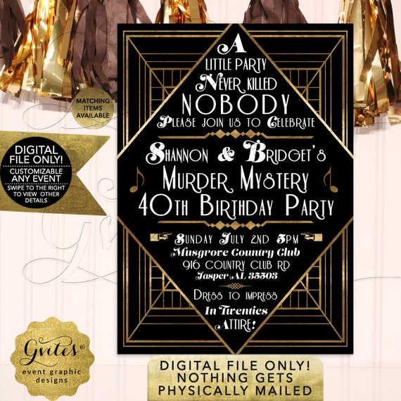 Murder Mystery 40th Birthday Party Invitation | Art Deco/ Vintage/ The Great Gatsby | Printable JPG + PDF