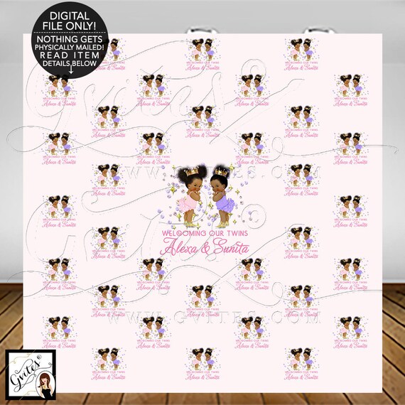 Twins Step & Repeat Backdrop/ Afro Puff Baby Bling Baby Shower African American wall 8x8' Feet Digital Backdrop