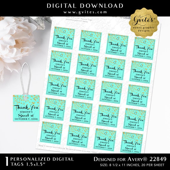 Thank You Tags Party Sweet 16 Mint & Gold Foil Confetti | 1.5x1.5" Designed for Avery® 22849 Printable Tags with Holes