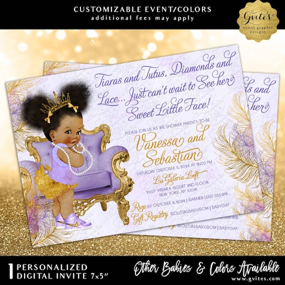 Purple Lavender and Gold Afro Puff Princess Baby Shower Invitation