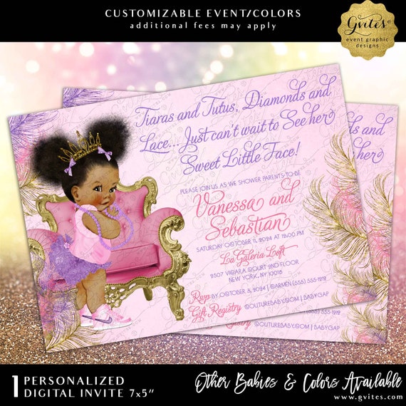 Pink Purple Lavender & Gold Baby Shower Invitations Afro Puffs Princess Girl Printable/Digital 7x5"