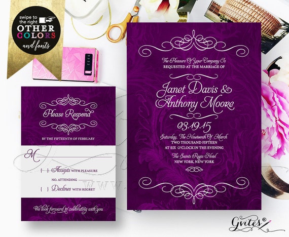 Purple Wedding Invitation Set Response Cards Watercolor Eggplant