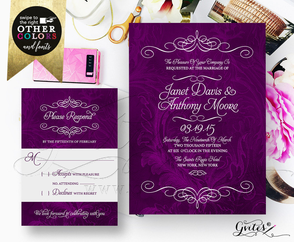 Purple Wedding Invitation Set Response Cards/ Watercolor Eggplant Plum Deep Purple Printable