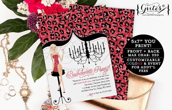 Summer Bling Bridal Shower / Girls night out Bachelorette party invitations / Glitter glitz & glam Red Black Animal print Leopard Cheetah