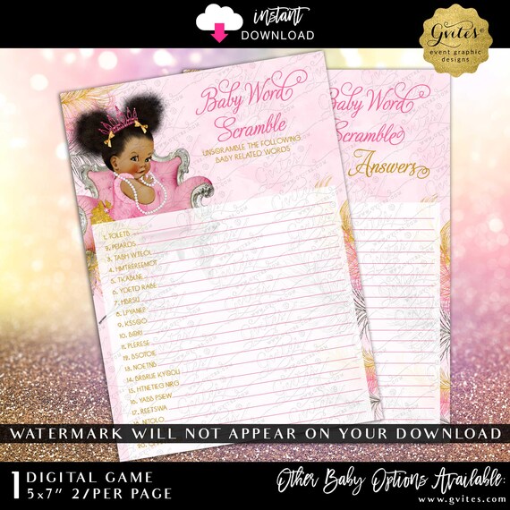 Afro Dark Puffs Baby Word Scramble Game Pink Silver & Gold Princess