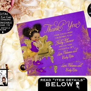Biglietti di ringraziamento viola e oro per baby shower Principessa afroamericana Afro Puffs Tiara / JPG digitale + PDF Design: TIACH-116 di Gvites
