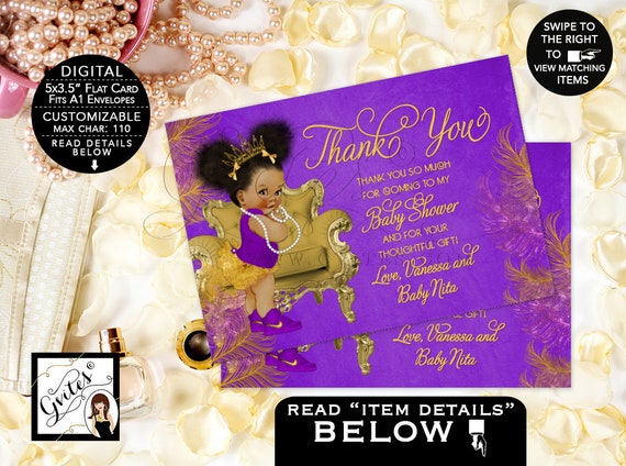 Purple & Gold Thank You Baby Shower Cards Princess African American Afro Puffs Tiara | Digital JPG + PDF Design: TIACH-116 By Gvites