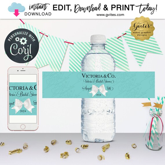 Bridal Shower Water Bottle Labels/ Printable Party Favors/ Breakfast at Theme 8.5x2 by Gvites