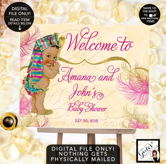 Welcome Sign Cleopatra Egyptian Baby Shower Printable Signs Pharaoh/ Pink & Gold/ Ethnic baby invitations Il_570xn