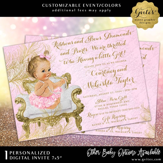 Ribbons and Bows Diamonds and Pearls Vintage Baby Shower Pink & Gold Glitter Feathers Watercolor Grunge Background. 7x5" Digital Download