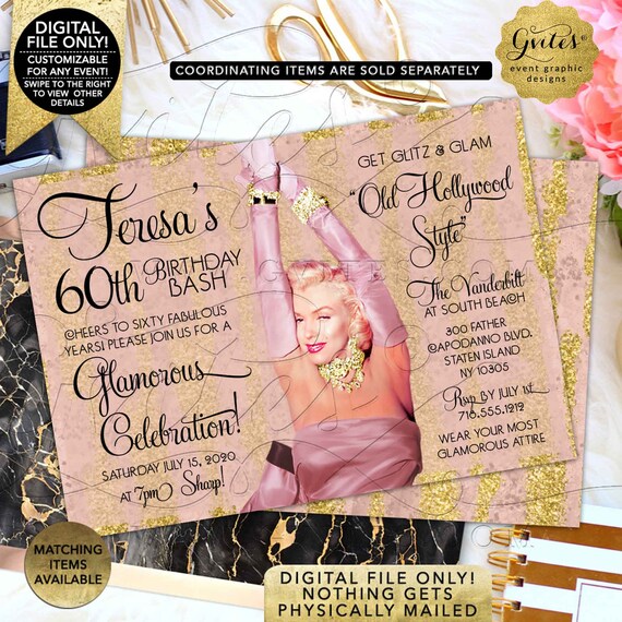 Marilyn Monroe Style 60th Birthday Invitations | Blush Pink Rose Gold Hollywood Invites | 1950's style | Printable 7x5" Double Sided. Il_570xn