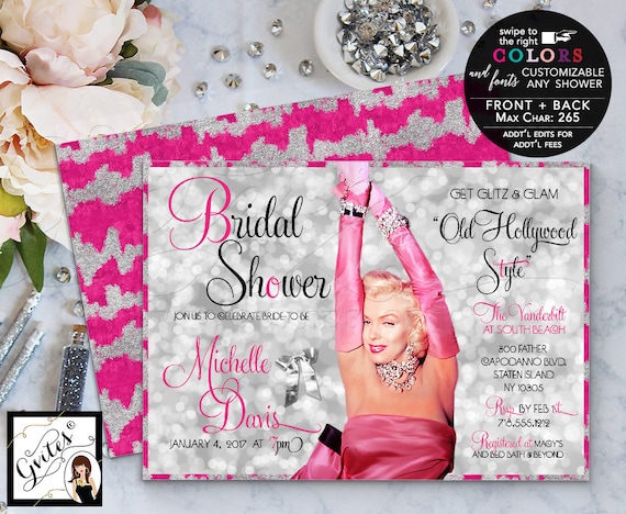 Pink Silver Marilyn Monroe Party Invitations Bridal Shower / Old Hollywood theme 1940s 1950s. 7x5" Double Sided. DIY/Printable/Digital