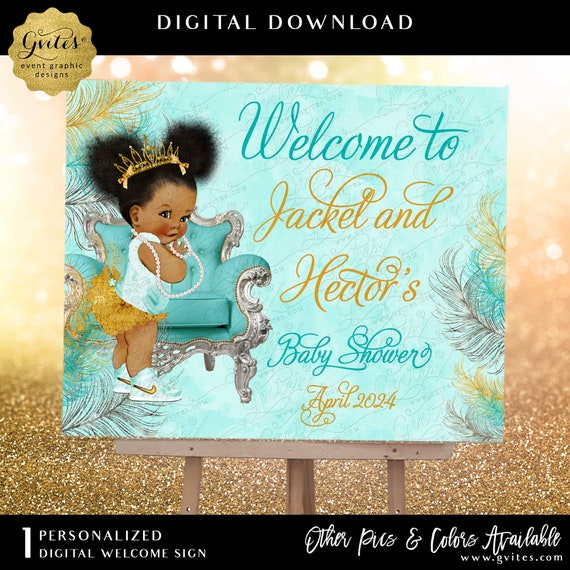 Welcome Girl Sign | Sparkly Feathers Turquoise Blue & Lava Gold and Silver Afro Puffs Princess Baby Shower | Printable/Digital