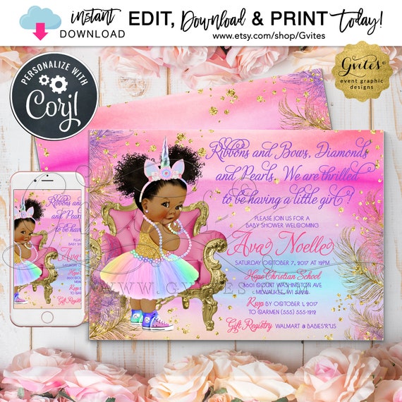 Unicorn Baby Shower Princess Vintage Girl. Pink Purple Gold Turquoise/ Teal/ Blue/ African American Rainbow Invites. 7x5" Digital File Only!