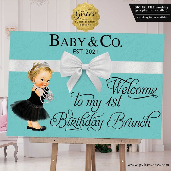 Breakfast at Tiffany first 1st Birthday Audrey Hepburn Party Welcome Sign Digital by Gvites
