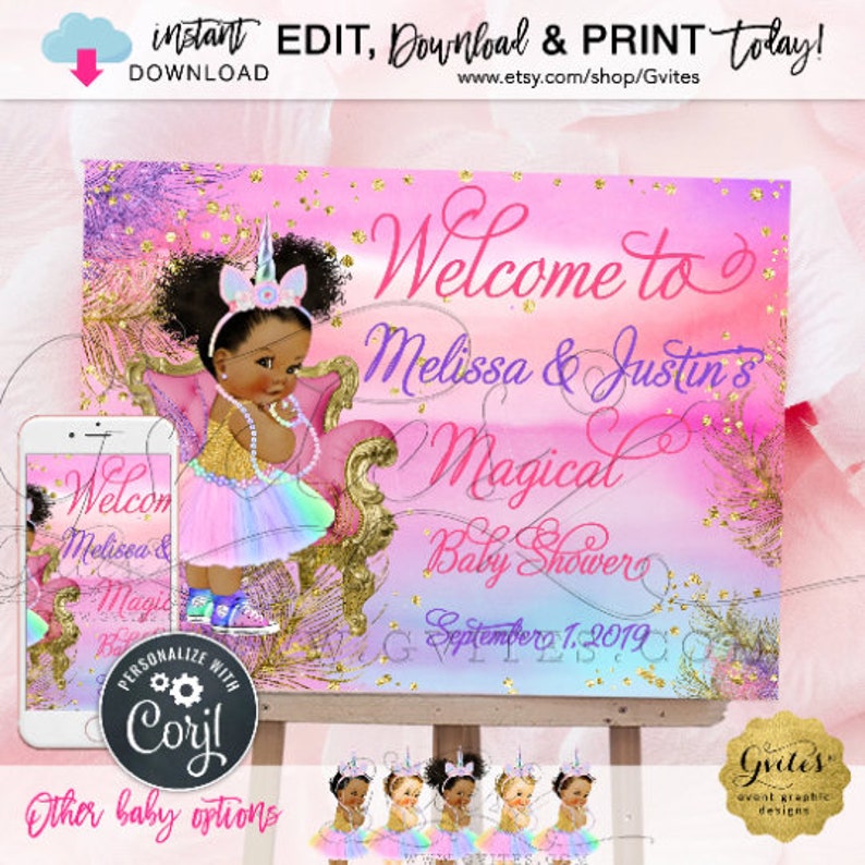 Unicorn Baby Shower Welcome Sign Princess Vintage. Pink Purple Gold Rainbow Afro Puff Baby Girl Clipart & Watercolor Background 24x18 image 10