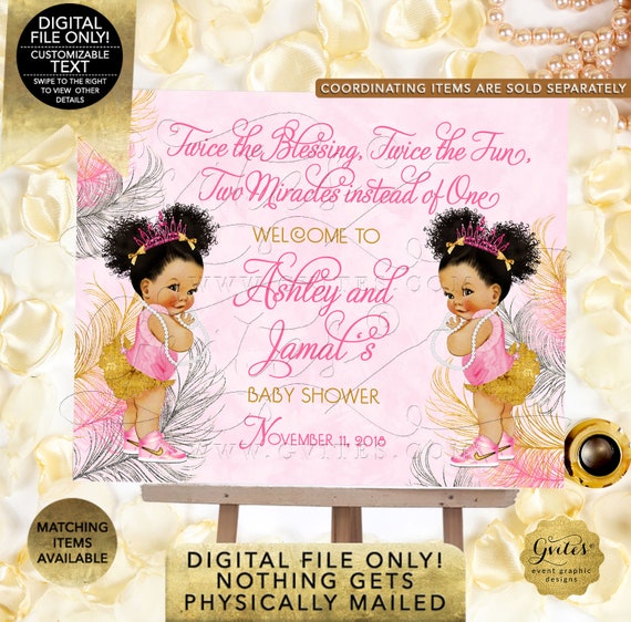 Pink Gold & Silver TWIN Baby Shower Welcome Sign Princess Decor Vintage Girl African American Afro Puffs {Pink/ Silver/ Gold Feathers} Il_570xn