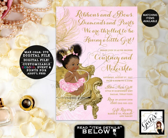 Pink & Gold Baby Shower Princess African American Printable Invitation.