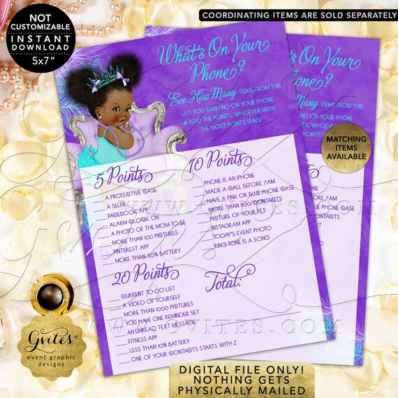 What's on your phone Baby Shower Game Violet Purple Aqua Blue Lilac Watercolor Feathers Girl 7x5" 2 Per Sheet by Gvites