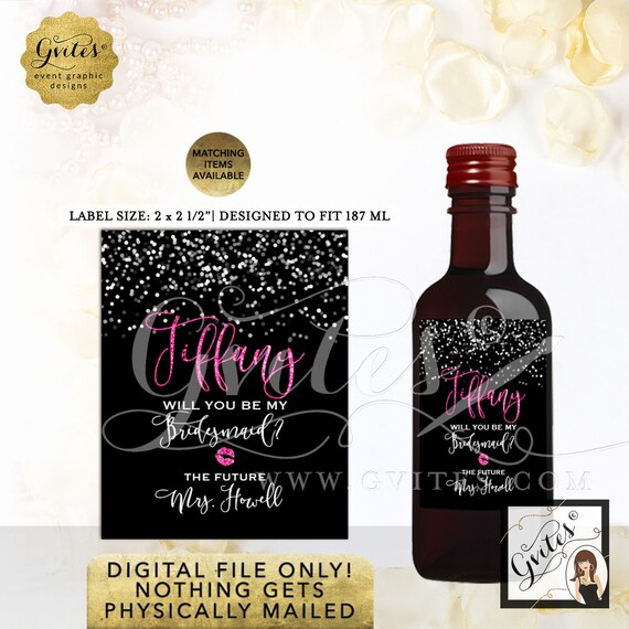 Mini Wine Labels Black & Pink Bridal Shower Party Favors | 2x2.5" 12 Per/Sheet Printable/Digital File JPG + PDF Format By Gvites