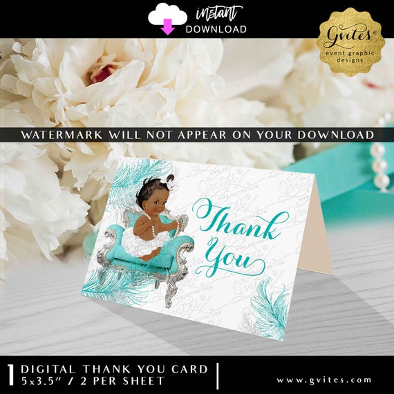 Baby Shower Thank You Card Dark/Jet Girl | Turquoise Silver and White | Instant Download