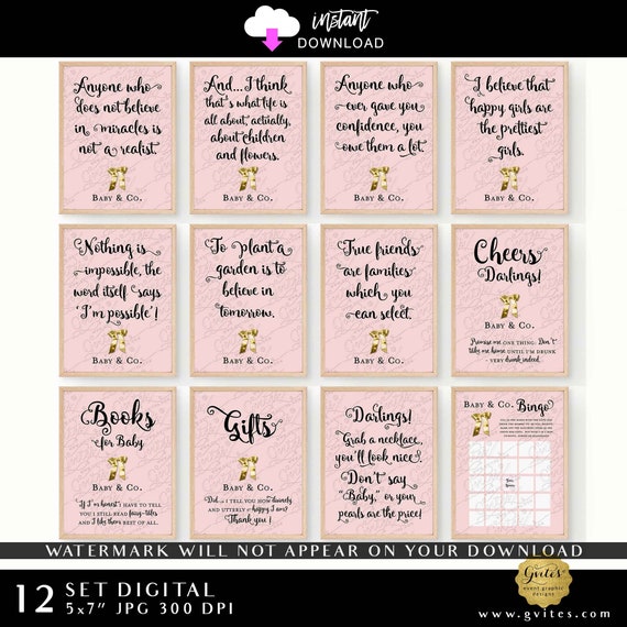 Baby & Co Pink and Gold Printable Shower Breakfast at Theme Cheers/Book For Baby/Gifts Sign. Instant Download Party Bundle Set of 12