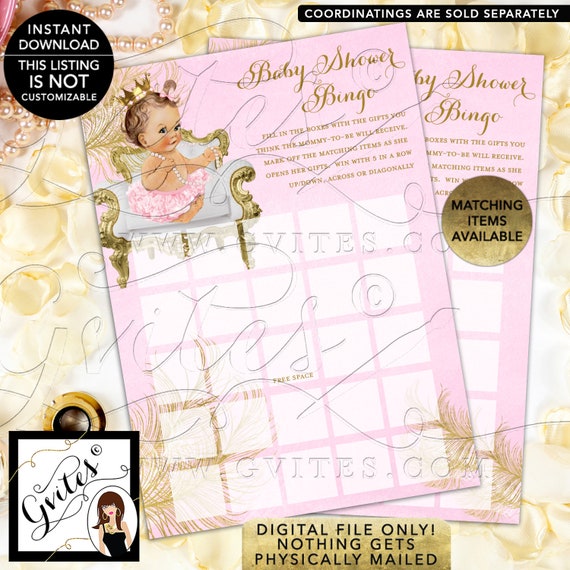 Baby Shower Bingo Card. Printable Format. In Pink & Gold Vintage Game /  Little Princess Pink Gold Crown