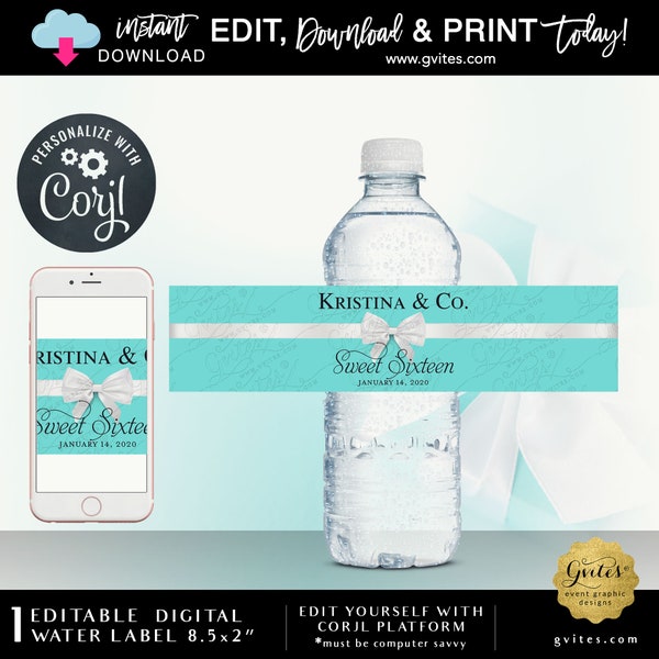 Elegant Sweet 16 Water Bottle Labels For Party Favors/Gifts. {Edit with Corjl and PRINT Today}