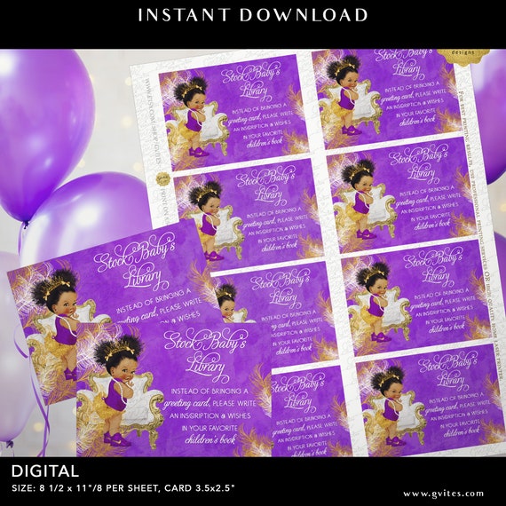 Baby Shower Inserts | Book Request For Baby Royal Purple White Gold Printable Cards | 3.5x2.5" 8/Sheet Digital JPG + PDF