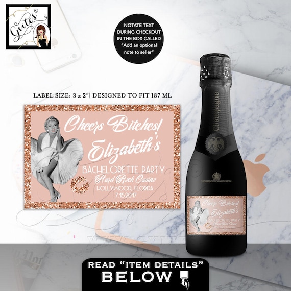 Marilyn Monroe Personalized MINI Champagne Labels For Party Favors. Printable/Digital in Rose Gold by Gvites