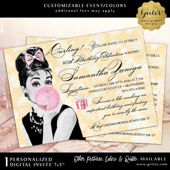 Darlings! 40th Birthday Invitation Gold Bokeh Background | Printable Audrey Hepburn Custom Design Adult Party | Digital File JPG+PDF