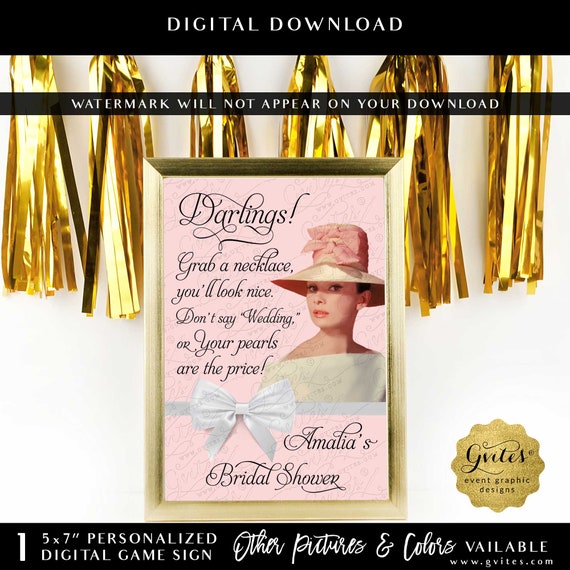Personalized Blush Pink Pearl Necklace Game Sign Audrey Hepburn Party