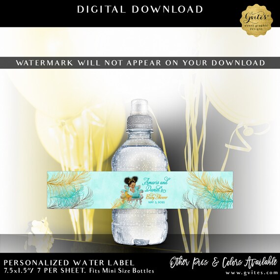 Mini Water Bottle Labels 7.5x1.5" | Sparkly Feathers Turquoise Blue & Lava Gold and Silver Afro Puffs Princess Baby Shower