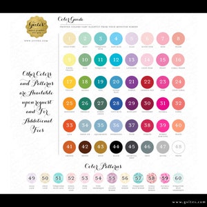 May include: A color guide chart featuring 60 numbered circles displaying various solid colors and patterns. The chart includes text labels for each color, the title Color Guide, and the text Other Colors and Patterns are Available upon request.