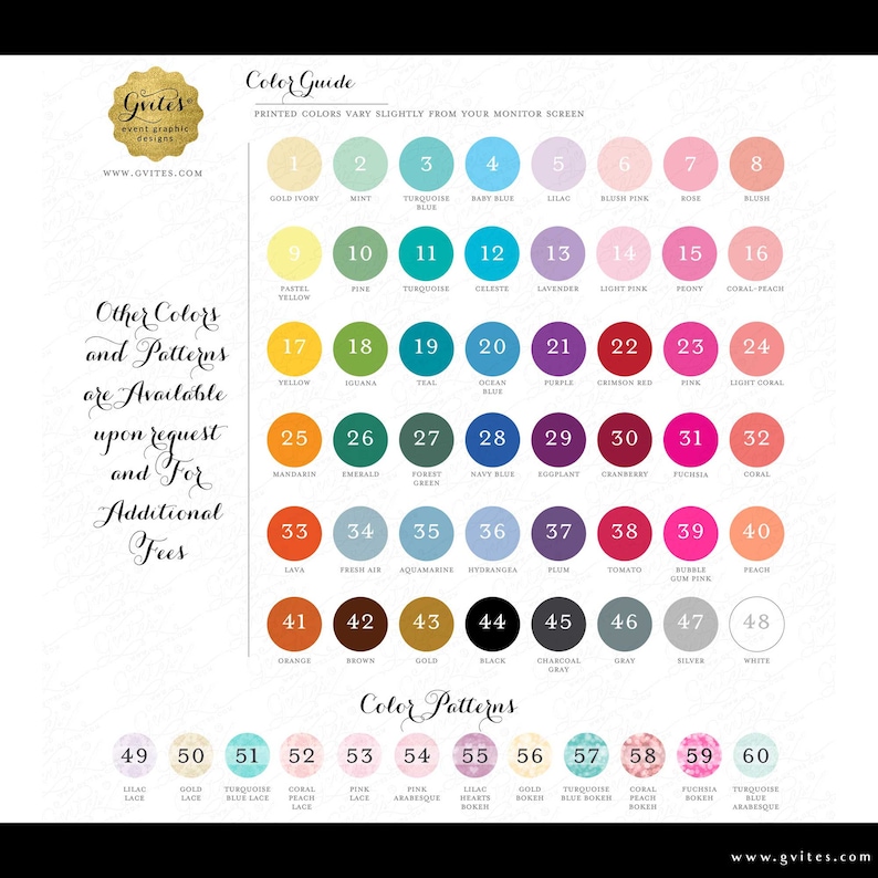 May include: A color guide chart featuring 60 numbered circles displaying various solid colors and patterns. The chart includes text labels for each color, the title Color Guide, and the text Other Colors and Patterns are Available upon request.