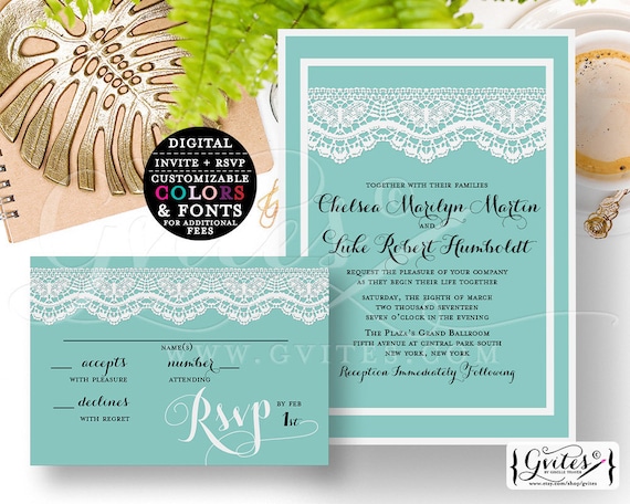 Blue Wedding Invitation Printable Set. Robbin Egg and Lace Digital Customizable Invites. Modern Elegant Invite {Invite 5x7" RSVP 5x3.5"}