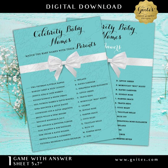 Celebrity Baby Names Game Cards with Answer Sheet. 2 Per Page/ 5x7" by Gvites