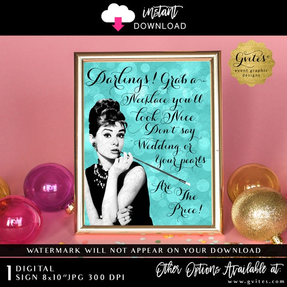 Blue Audrey Hepburn Pearl Necklace Game Bridal Shower Don't say wedding INSTANT DOWNLOAD 8x10" JPG