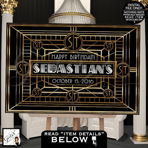 The Great Gatsby Wall Backdrop Digital Design 16th Teen Boy Birthday Personalized printable file.