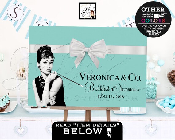 Audrey Hepburn Bridal Shower Party Signs / Blue & White Ribbon Bow / PRINTABLE Sign / Rehearsal Dinner Dessert Table Backdrop Sign Il_570xn