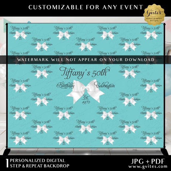 50th Birthday Blue Step & Repeat Backdrop Printable File | Breakfast Turquoise Blue White Ribbon Vintage Theme | Digital File JPG + PDF